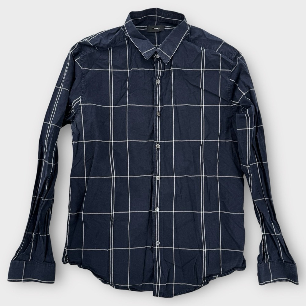 Theory Button Down Shirt Mens Large Grid Windowpane LS Navy Blue Cotton‎ Modern